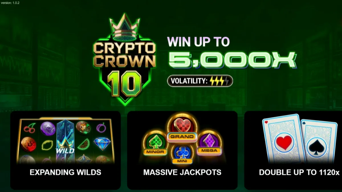 Crypto Crown 10 slot machine interface na may neon cryptocurrency symbols