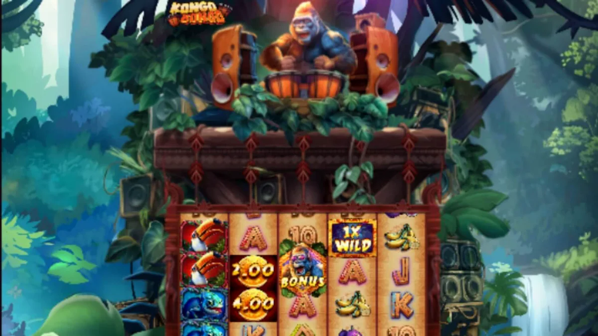 Isang makulay na jungle-themed slot machine na may mga simbolo ng gorilya at mga kakaibang hayop sa reels.