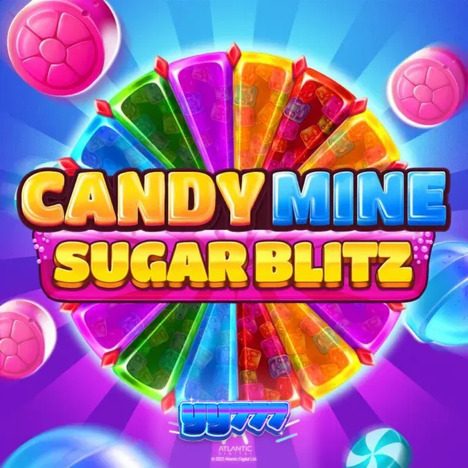 Makulay na disenyo ng Candy Mine Sugar Blitz slot na may mga kendi at minahan