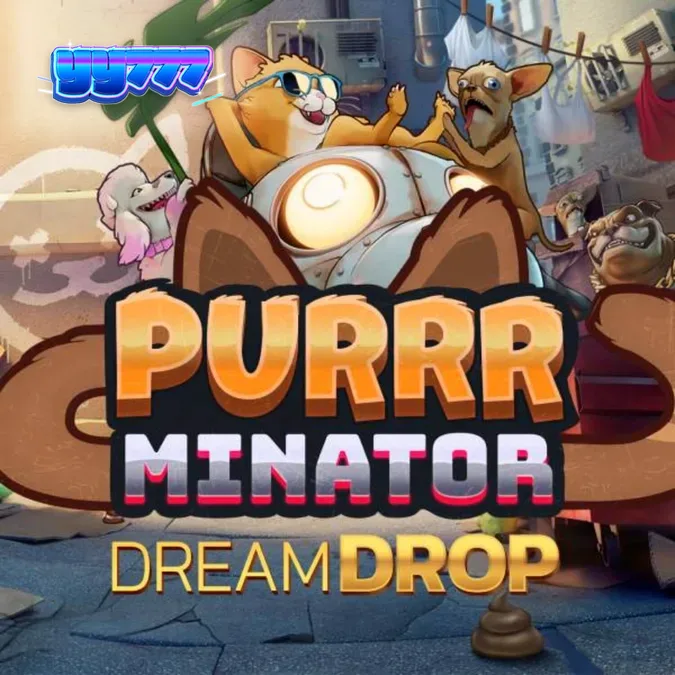 Isang futuristic na robotic cat na nakatayo sa isang neon-lit na dystopian na eskinita sa slot game na Purrrminator Dream Drop.